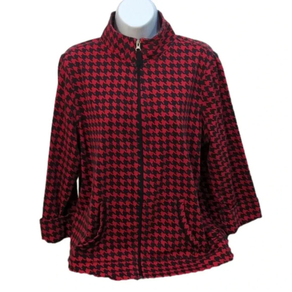 Kim Rogers Sweater Women's Red Houndstooth Stretch Cotton Zip Cardigan - Picture 1 of 6